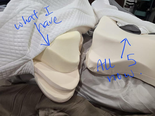 Customer photo comparing wrong pillow insert received (right) versus the complete JC Health adjustable cervical pillow with all 3 layers (left)