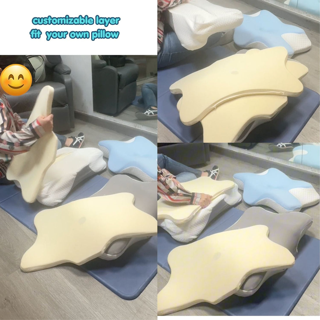 Customizable multi-layer ergonomic memory foam pillow inserts disassembled for neck height adjustment in Singapore.