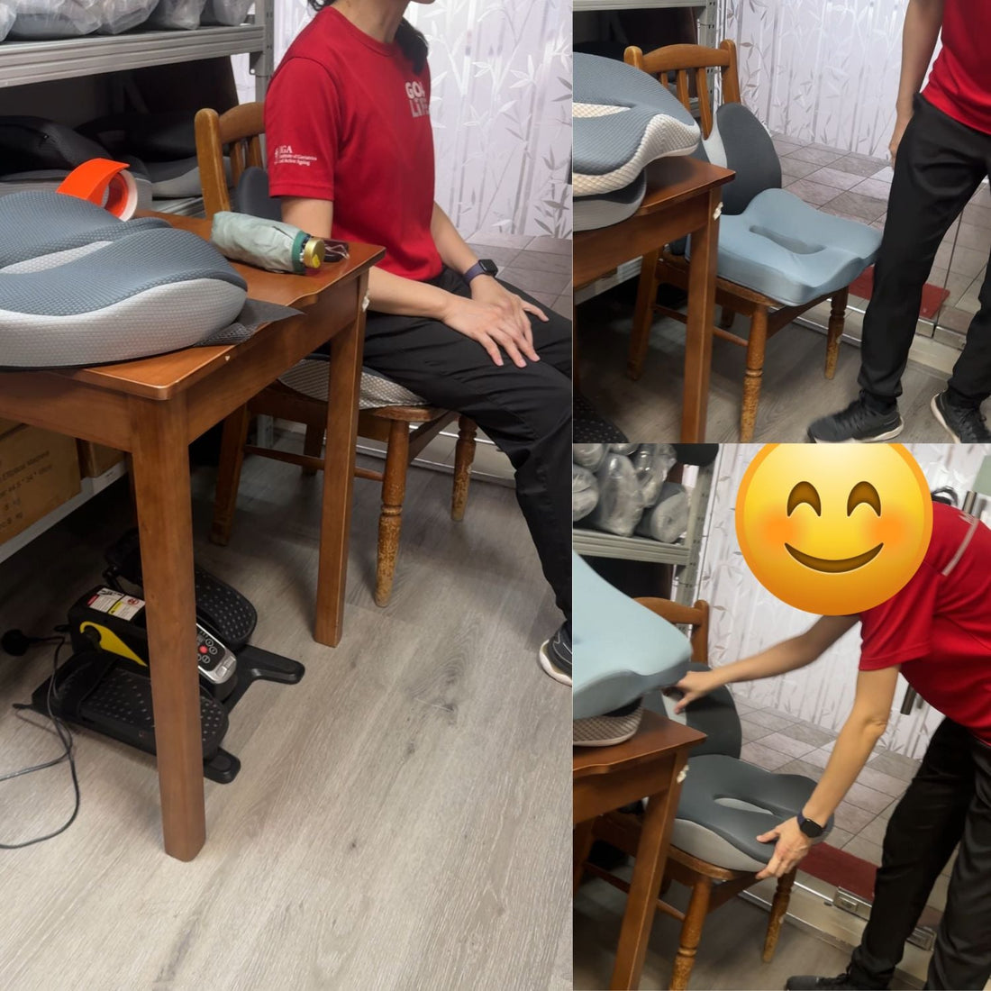 A daughter tests the JC Health 2-in-1 lumbar donut cushion and 45cm orthopedic seat cushion at JC Health Singapore showroom for her father's post-op recovery.