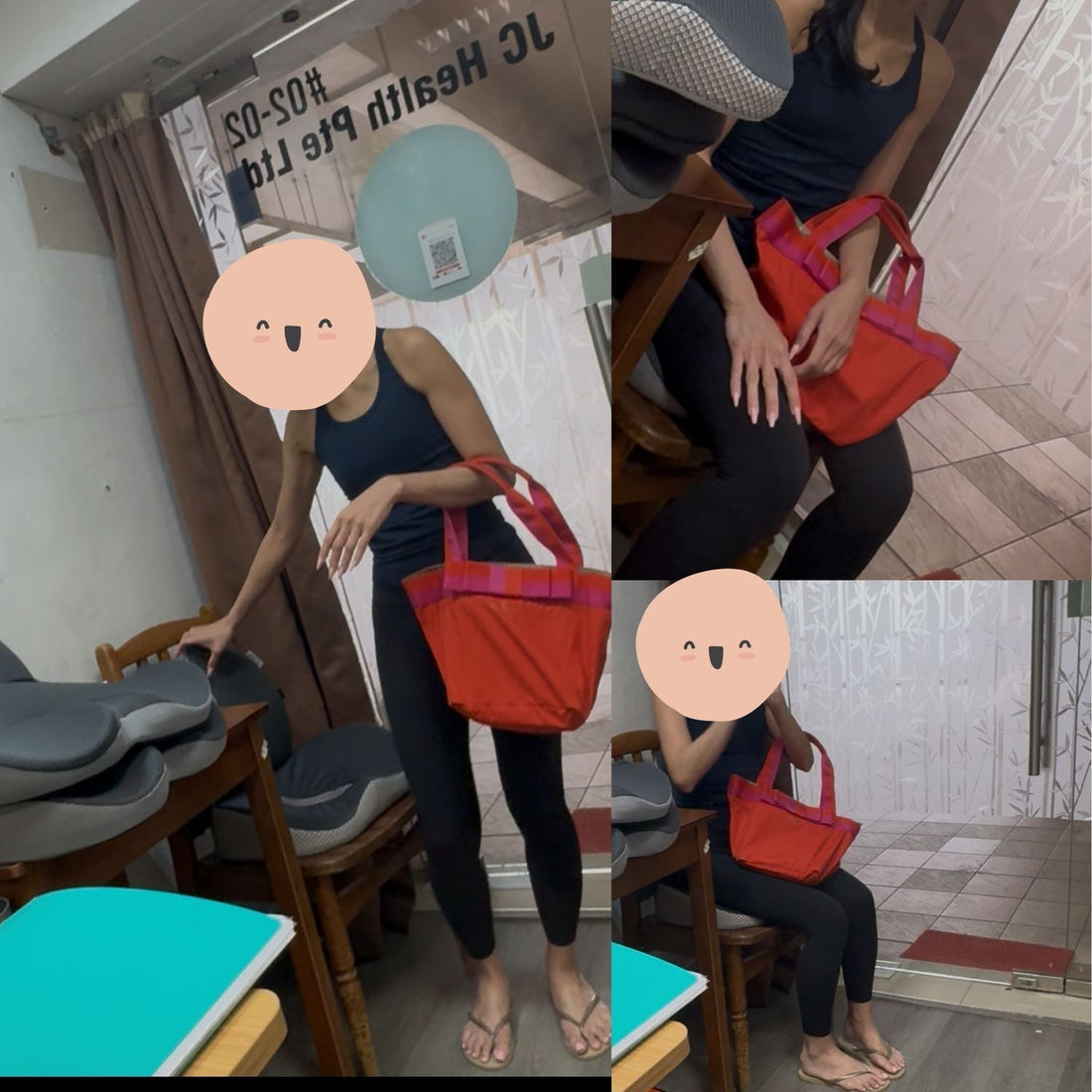 Young office worker testing an orthopedic donut cushion for a tailbone fall injury at JCHealth studio Singapore.
