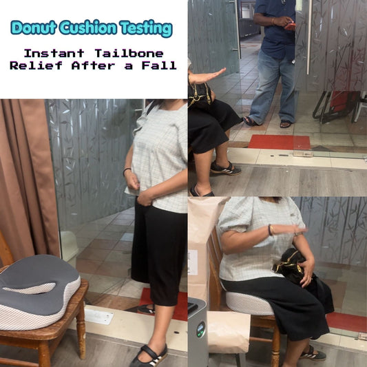 Real customer testing JC Health ergonomic donut cushion for instant tailbone pain relief after a fall at Waterloo Street showroom Singapore