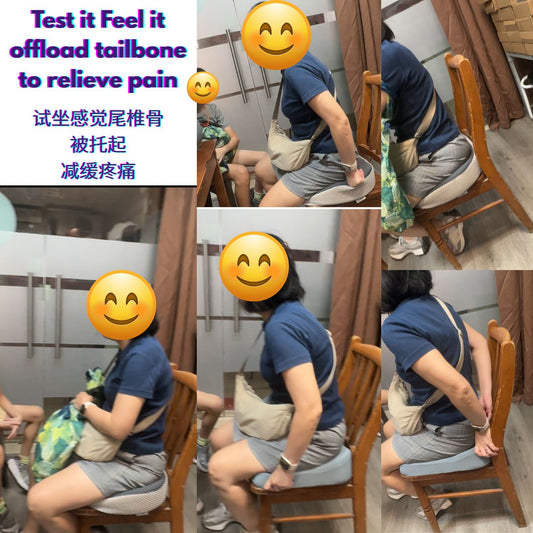 Customer testing memory foam donut cushions for tailbone pain relief at JC Health Singapore showroom after a fall.