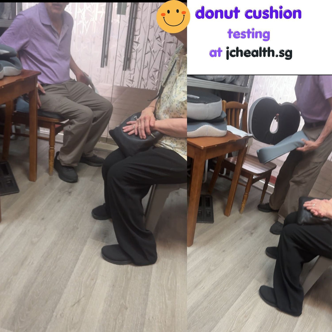Customer testing blue donut seat cushion for long flight at JC Health Singapore store.