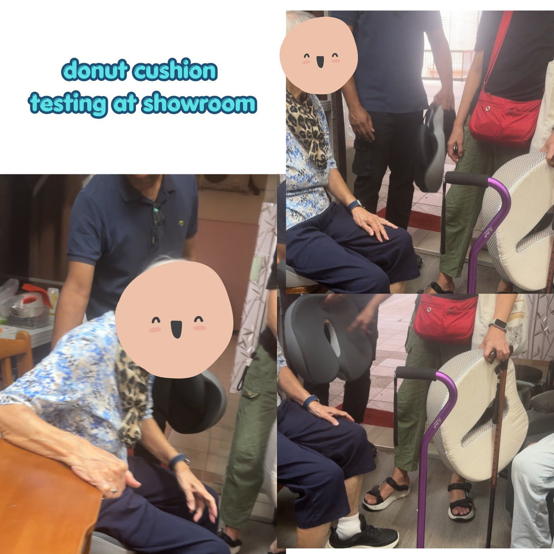 A lady in her 80s from a church group testing donut and lumbar seat cushions at the JC Health showroom, Waterloo Street (faces covered)