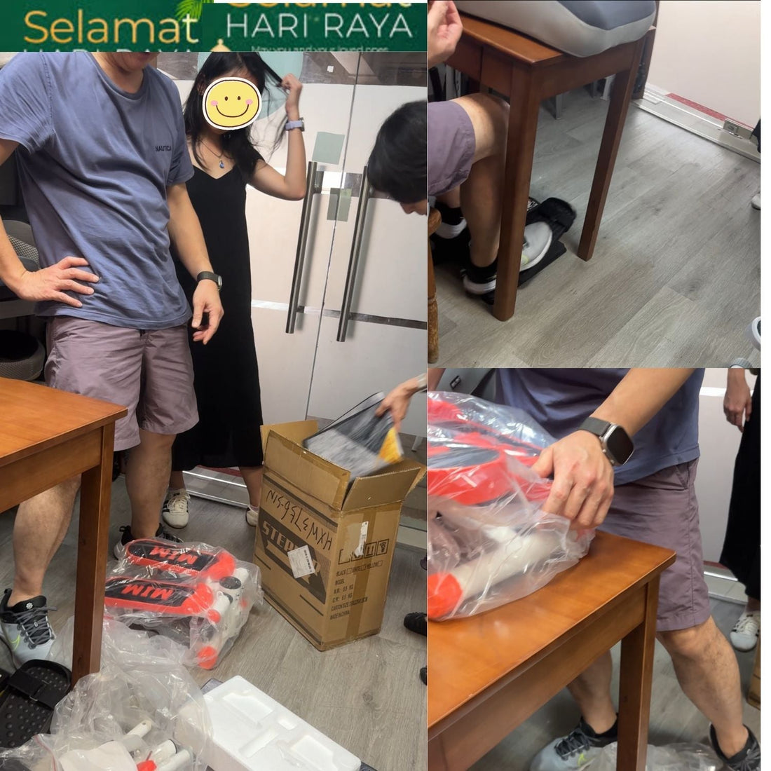 A Singapore family visiting JC Health SG showroom at Waterloo Street to purchase a stepper and 5-in-1 leg elevation wedge for elderly parents during Hari Raya 2026