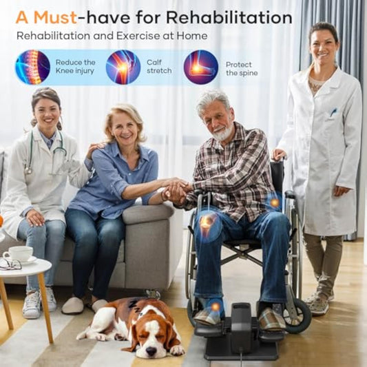 Seated electric mini elliptical trainer used by an elderly man in a wheelchair for home rehabilitation and knee injury recovery in Singapore