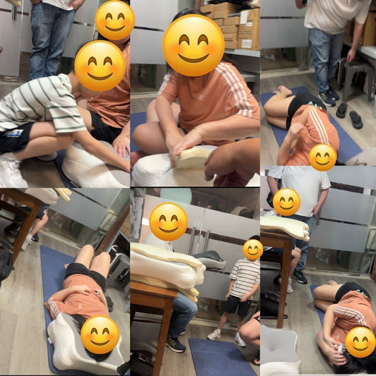 A collage of a customer testing an adjustable ergonomic memory foam pillow on a floor mat in-store, with her husband and young son checking her spine alignment for neck pain and headache relief