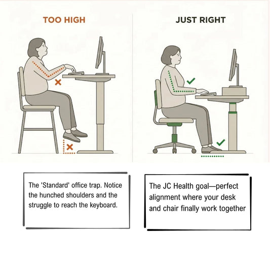 Ergonomic office sitting posture comparison showing height adjustment for shorter office workers