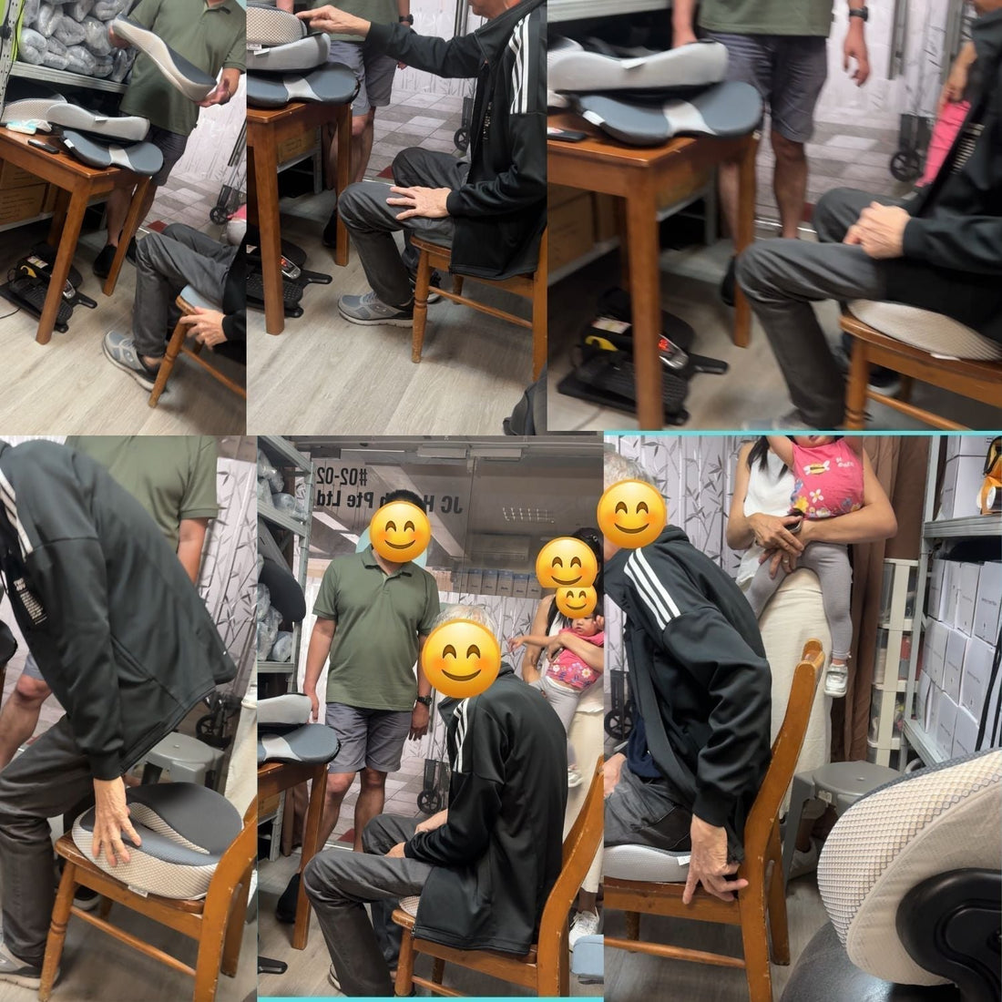 Elderly man in wheelchair testing ergonomic donut seat cushions at JC Health showroom with his family.