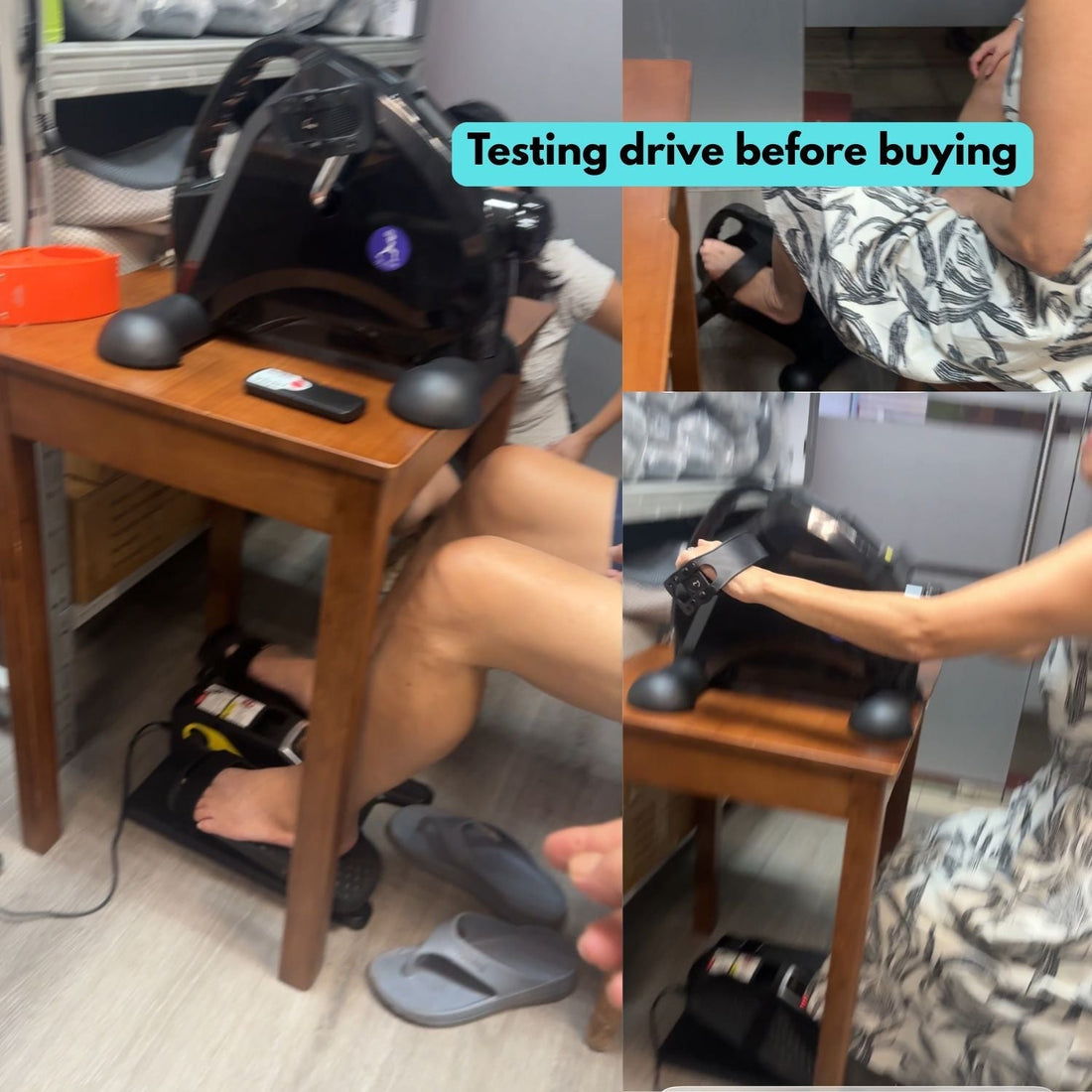 Customers testing the JC Health mini bike and electric elliptical bundle before buying at our Waterloo Center Singapore showroom