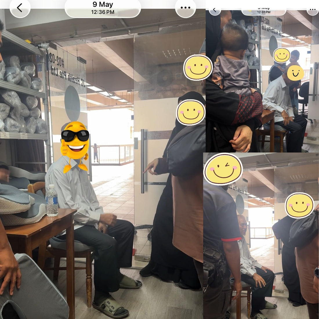 Multigenerational family visiting the JC Health Waterloo Street showroom in Singapore to help their elderly father test a premium orthopaedic memory foam cushion and lumbar back support set for post-surgery recovery
