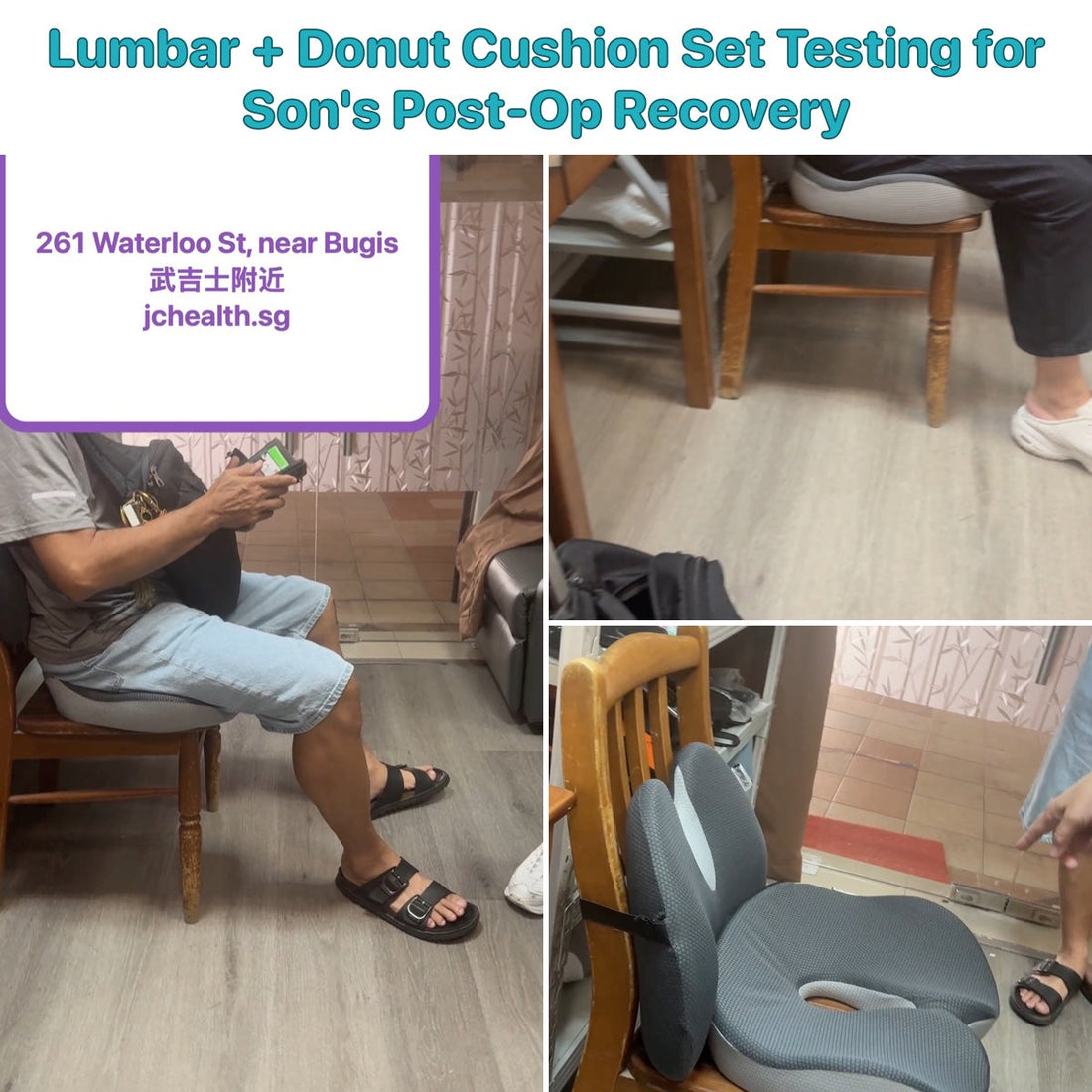Real JC Health customer testing the 2-in-1 lumbar support and donut seat cushion set on a wooden chair at our Waterloo Street showroom in Singapore, to prepare for his son's hemorrhoid surgery recovery