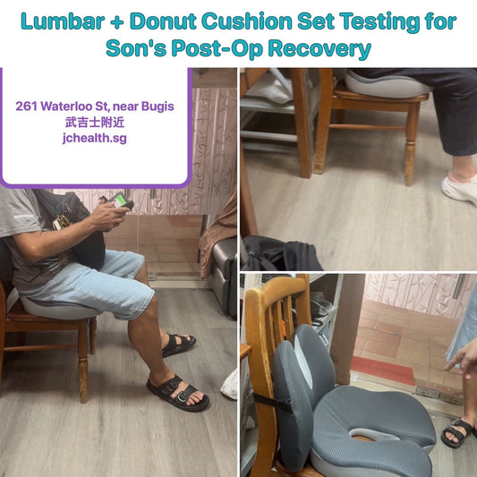 Real JC Health customer testing the 2-in-1 lumbar support and donut seat cushion set on a wooden chair at our Waterloo Street showroom in Singapore, to prepare for his son's hemorrhoid surgery recovery