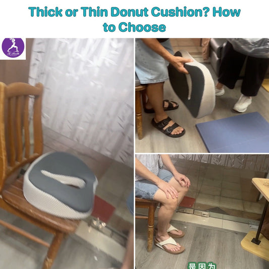 Customers testing thick and thin donut seat cushions on a wooden dining chair at the JC Health showroom, Waterloo Street Singapore