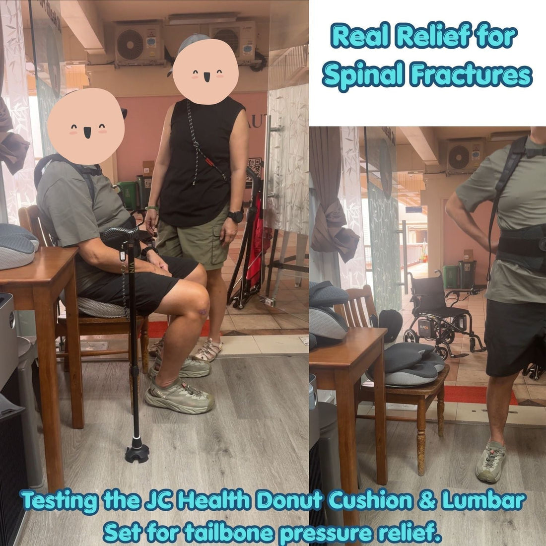 Customer testing JC Health donut seat cushion and lumbar support set at Singapore showroom