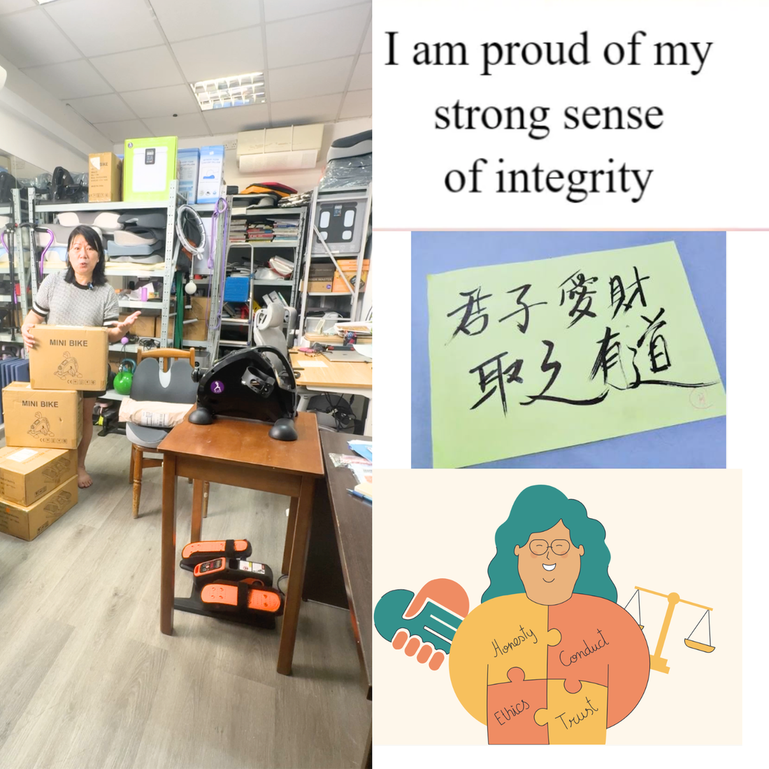 Collage featuring JC Health founder in the showroom, Chinese calligraphy for 'integrity' (君子爱财，取之有道), and a values illustration of 'Honesty, Conduct, Ethics, Trust'