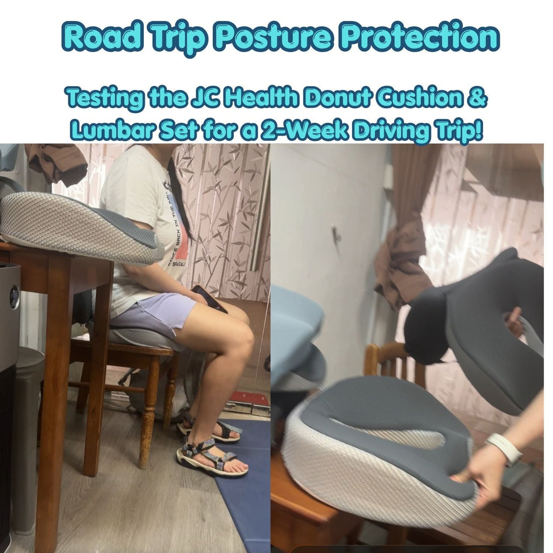 Singapore customer testing JC Health ergonomic donut seat cushion and lumbar support set for long driving travel