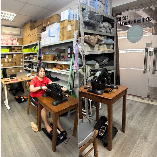 C Health founder Jessie at her Waterloo Street Singapore shop, demonstrating the elliptical and bike setup amidst real inventory to promote human wellness over digital burnout. 