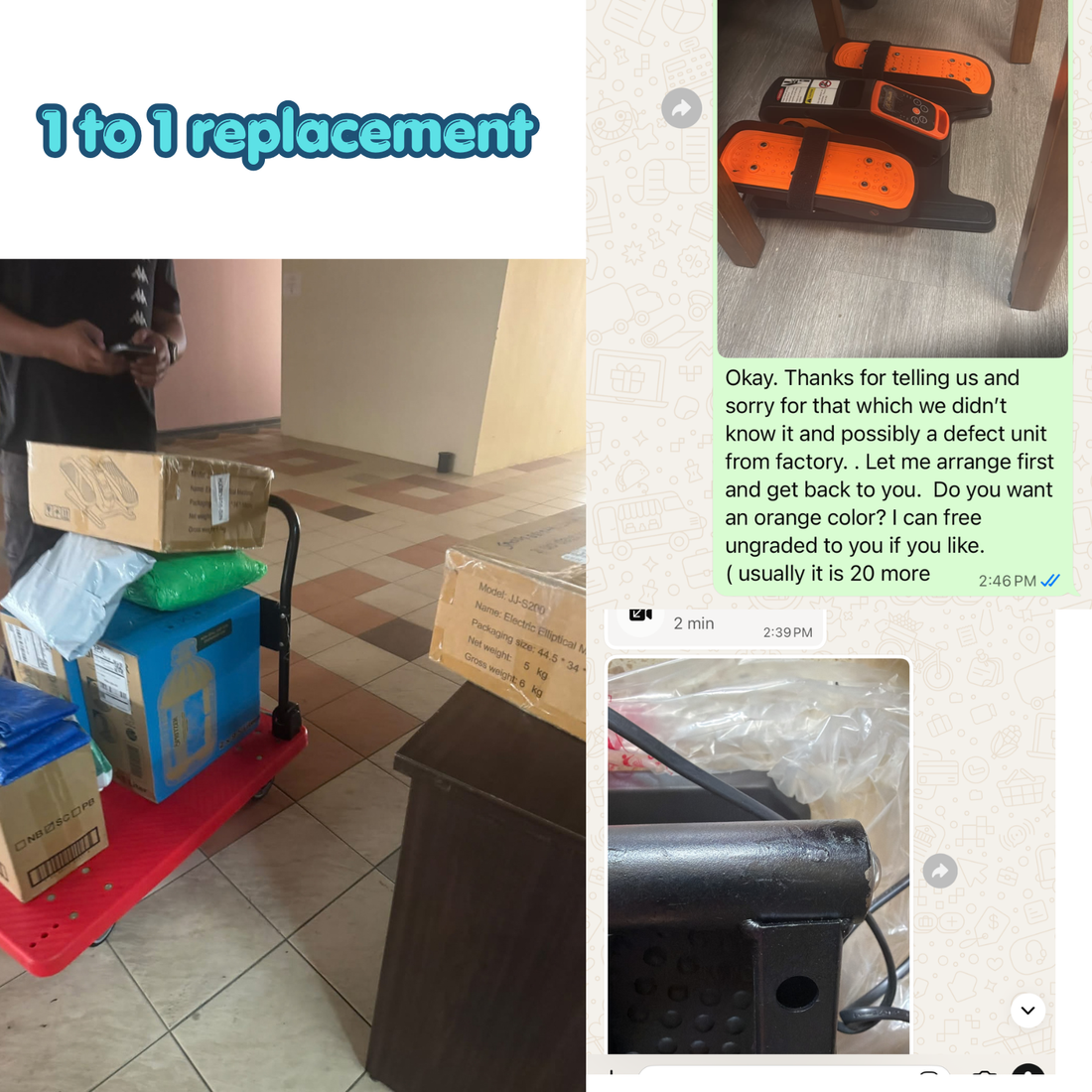 1 to 1 replacement proof for JC Health senior elliptical exerciser, showing customer WhatsApp chat, scratched return unit, and SPX courier pickup in Singapore.
