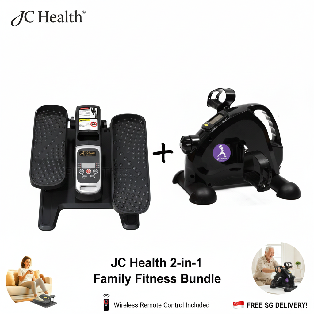 JC Health 2-in-1 Family Fitness Bundle featuring a motorized seated mini elliptical and a manual mini pedal exerciser. Includes wireless remote control for leg circulation and arm strength exercises, perfect for seniors and hip recovery in Singapore