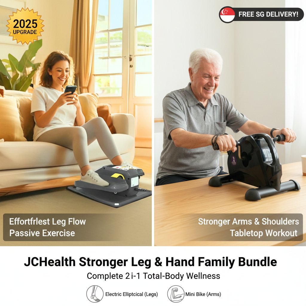 Group of active seniors performing low-impact exercises in a Singapore home to build leg strength and support independent living