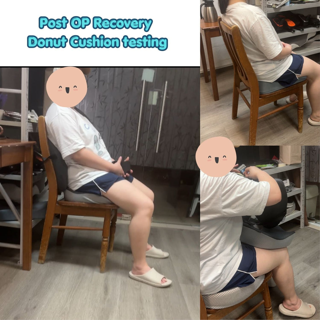 In-store post-op recovery testing of lumbar support and donut cushion set at JC Health Waterloo Street showroom in Singapore.