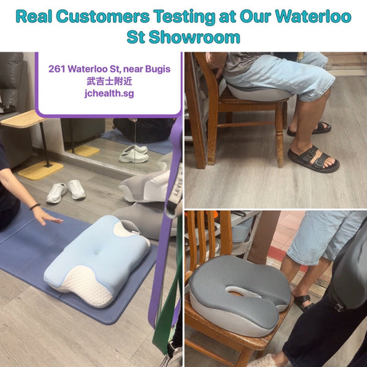 Real customers testing ergonomic pillows and donut seat cushions at the JC Health showroom, 261 Waterloo Street Singapore near Bugis