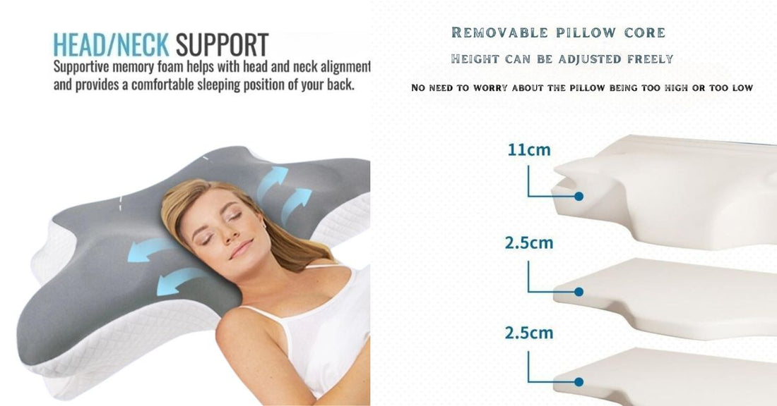 JC Health adjustable cervical memory foam pillow for neck pain relief, featuring a 3-layer removable core with adjustable heights (11cm and 2.5cm) for optimal head and neck alignment