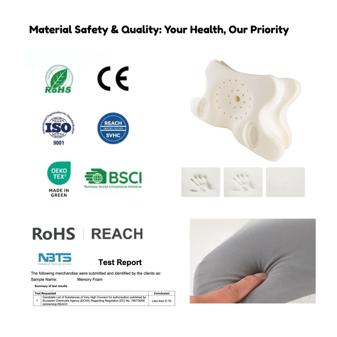 Jchealth memory foam pillow certification chart showing REACH, RoHS, ISO 9001, and OEKO-TEX material safety standards