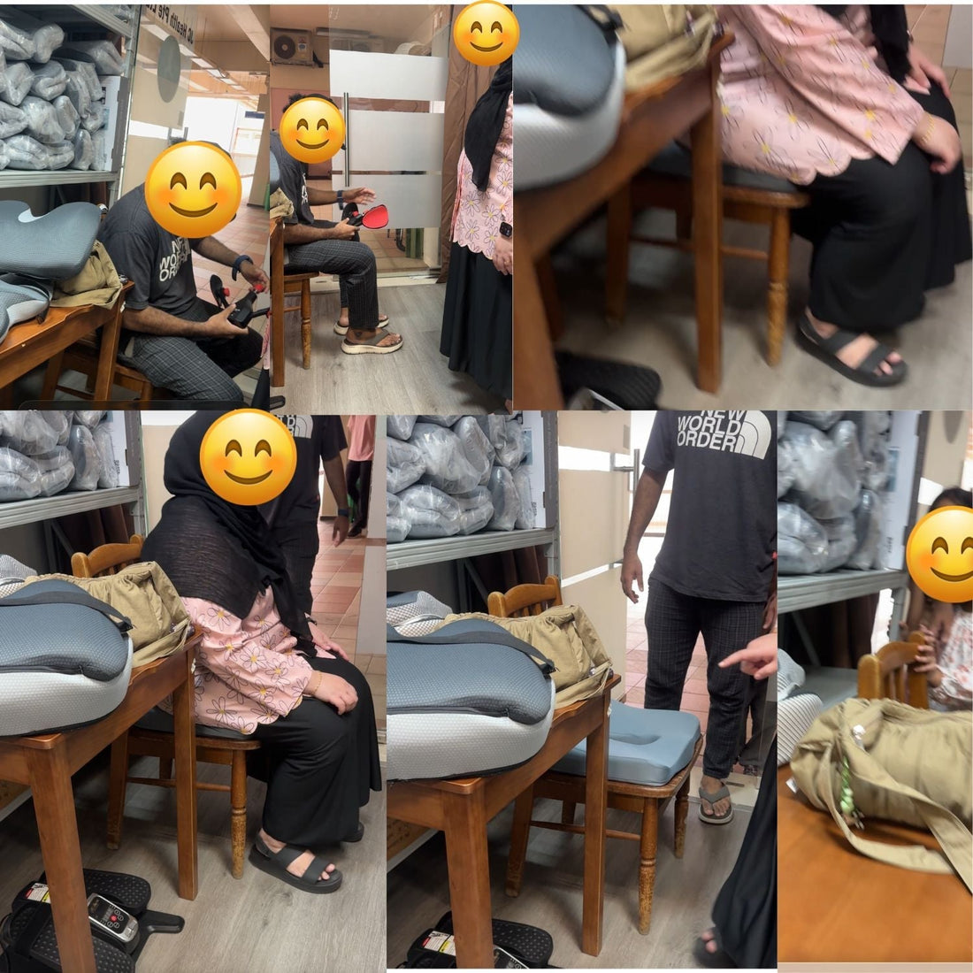 A young family visiting the JC Health showroom at 261 Waterloo Street to test ergonomic orthopedic seat cushions, lumbar support sets, and the Tight Master Pro pelvic floor muscle trainer in Singapore. 顾客在新加坡滑铁卢街实体店亲自试坐体验人体工学减压靠垫、护腰坐垫以及大腿盆底肌训练器。