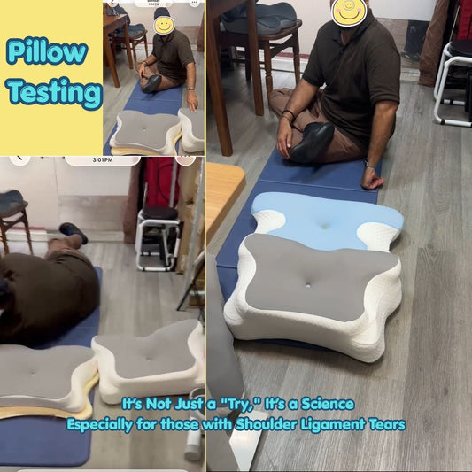 A side-by-side collage of a broad-shouldered man testing various high-loft orthopedic pillows at the JC Health Waterloo Street showroom to find the correct height for a shoulder ligament tear injury