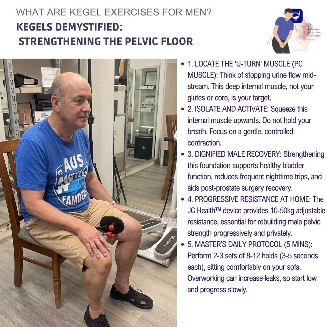 JC Health Men's Kegel Exercise Guide — Kegels Demystified: Strengthening the Pelvic Floor for Senior Men using the Tight Master Pro at our Singapore showroom