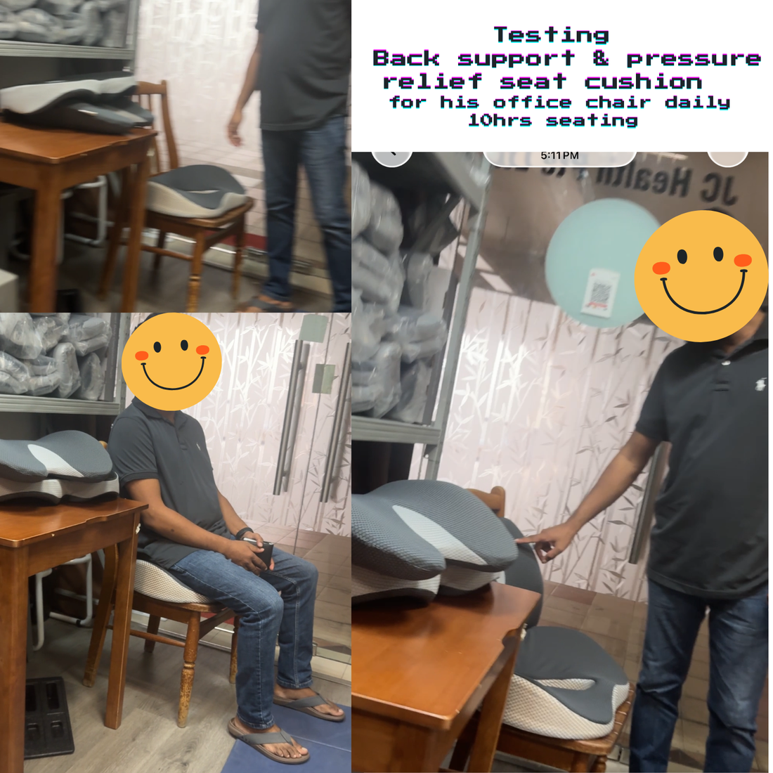 Young professional testing zippable lumbar back support and pressure relief seat cushion for 10-hour office chair sitting at JC Health Singapore.