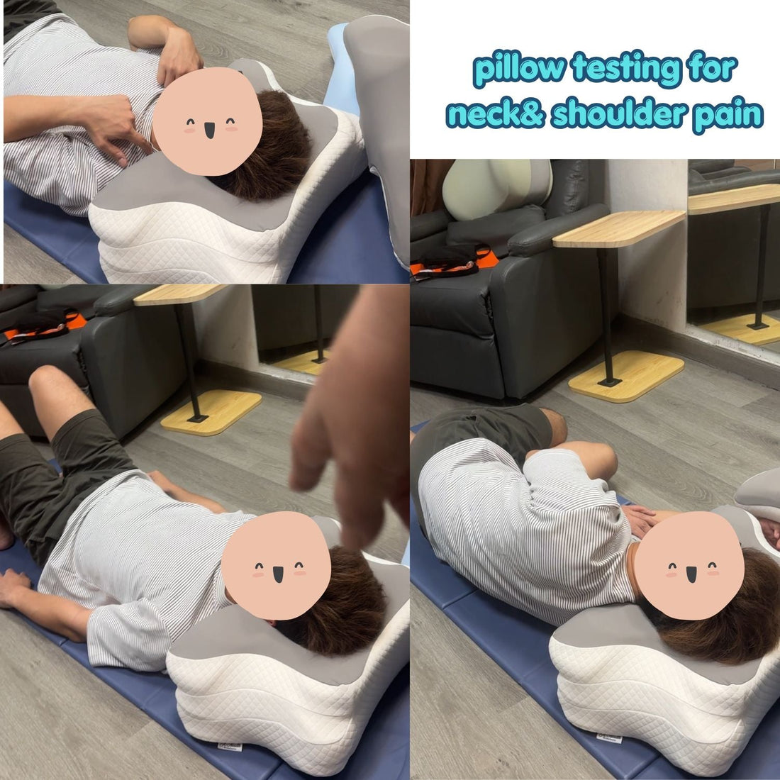 Customer testing 3-layer contour pillow in-store for neck and shoulder pain relief in back and side sleeping positions