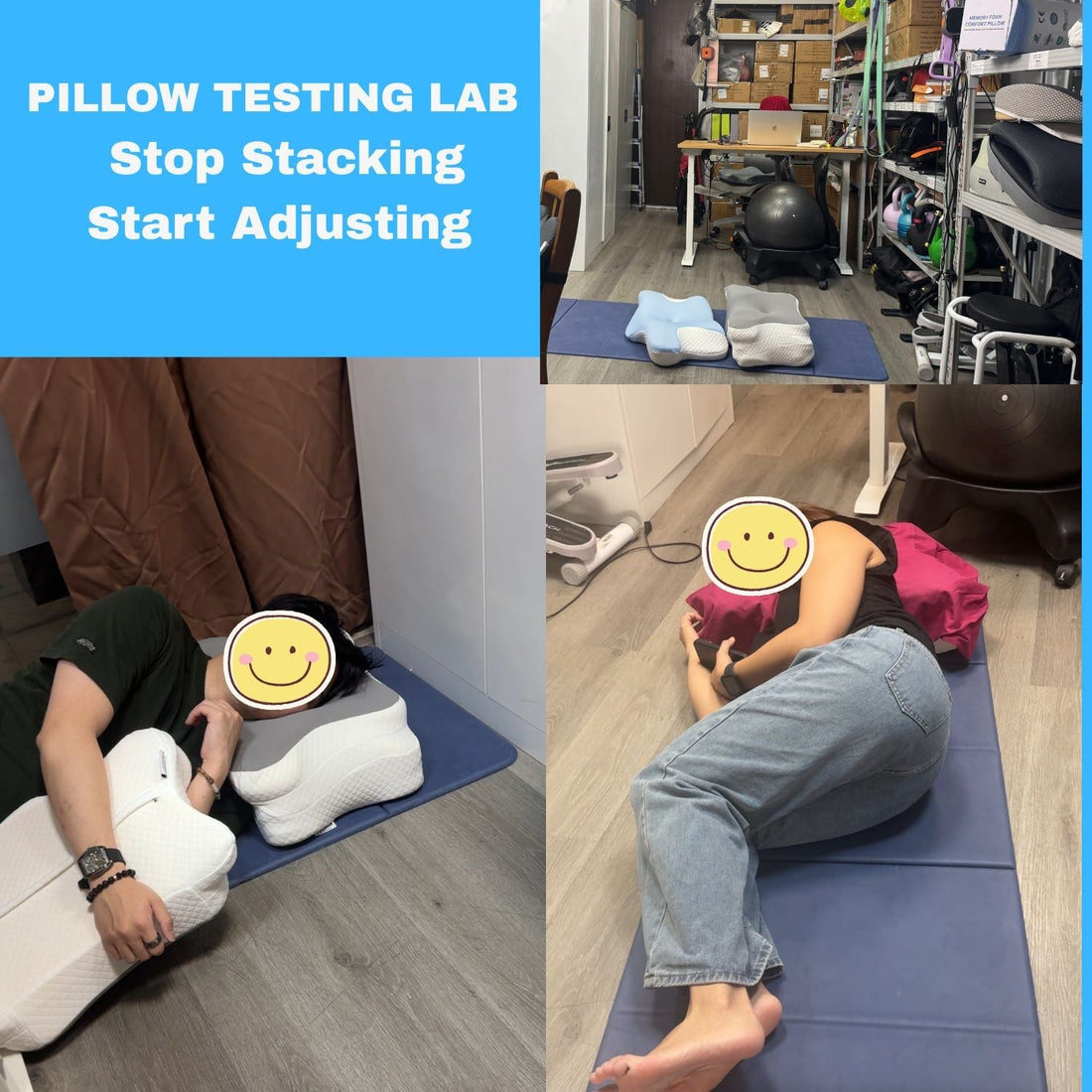 Young health-conscious professionals testing adjustable 3-layer pillows at JCHealth.sg showroom, Waterloo Center #02-02, to find the perfect cervical support before buying
