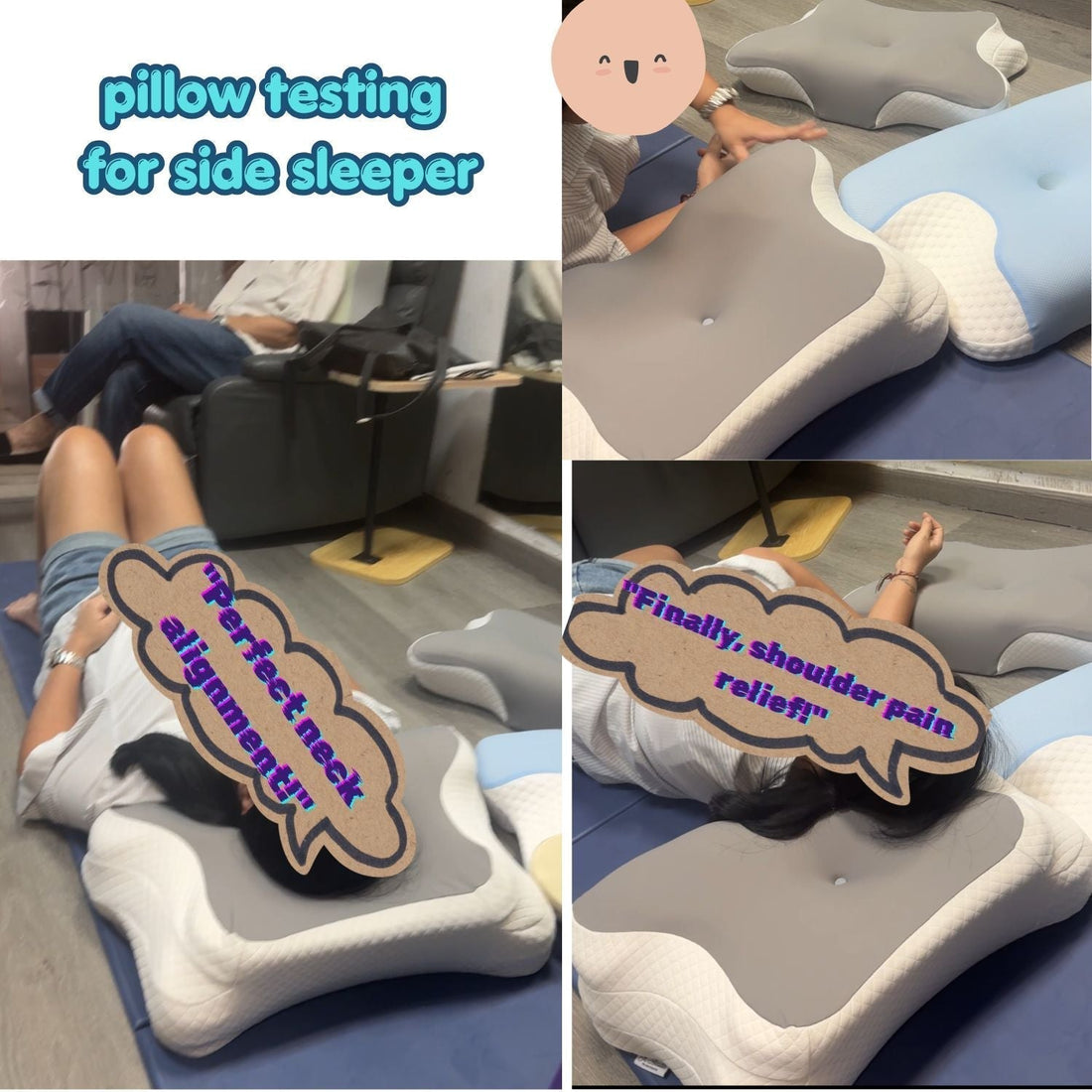 Medical traveler testing JC Health ergonomic contour pillow for side sleeping shoulder and neck pain relief in Singapore showroom.