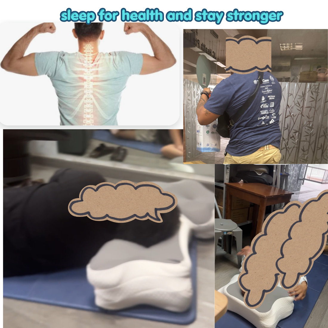 Real customer with broad shoulders testing high-profile neck support pillow for spinal alignment at JC Health Singapore.