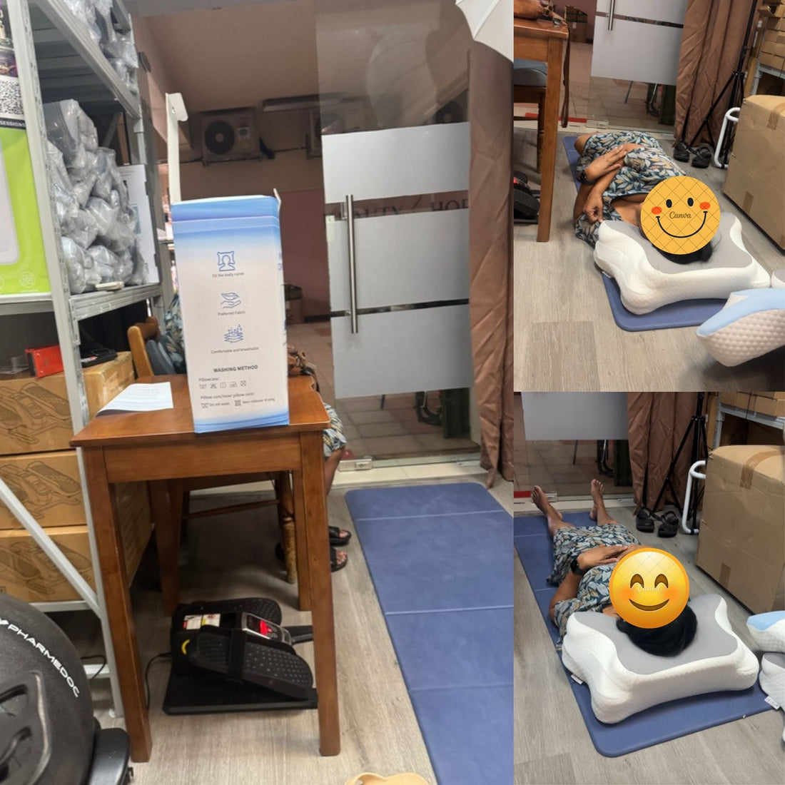 A real customer testing a premium adjustable cervical contour pillow for neck alignment and shoulder pain relief on a yoga mat inside a physical healthcare product showroom at Waterloo Street, Singapore.