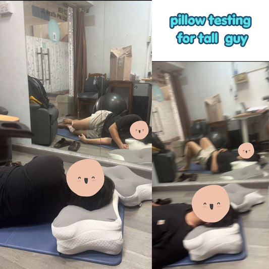 Testing the 17cm adjustable pillow for a tall, broad-shouldered side sleeper at the JC Health showroom in Singapore