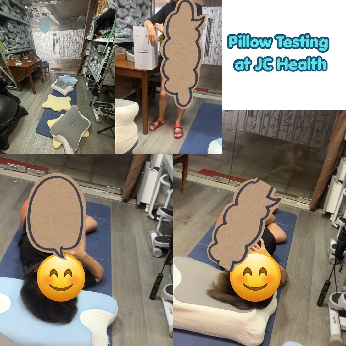A four-panel collage showing a customer testing ergonomic contour pillows for side sleepers at the JC Health Waterloo experience center in Singapore.