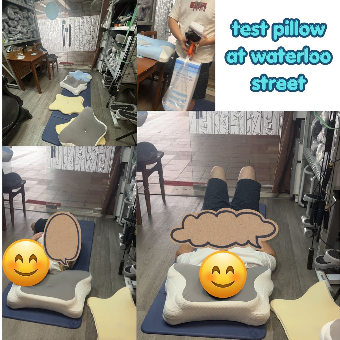 A customer testing a customizable ergonomic pillow on a blue mat at the JC Health Waterloo Street experience center in Singapore, showing different hyperfoam layers and side-sleeping zones