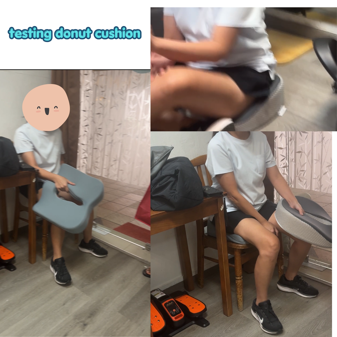 Real customer testing orthopedic donut cushion for tailbone pain at JCHealth studio Singapore.