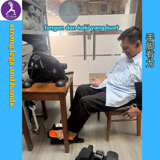 Multilingual advertisement for senior leg and hand exercisers in Singapore featuring a happy customer. Text in English, Malay (Tangan dan kaki yang kuat), and Mandarin (手脚有力) highlighting home rehab equipment for strong legs and hands.