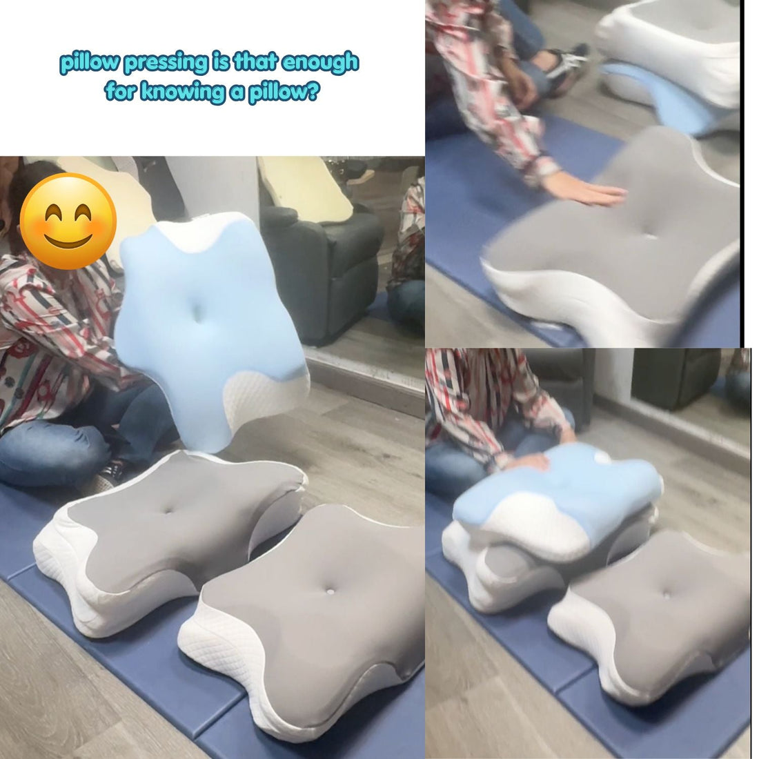 Health-conscious customer testing hand pressure and firmness on display memory foam pillows in a Singapore shopping center studio.