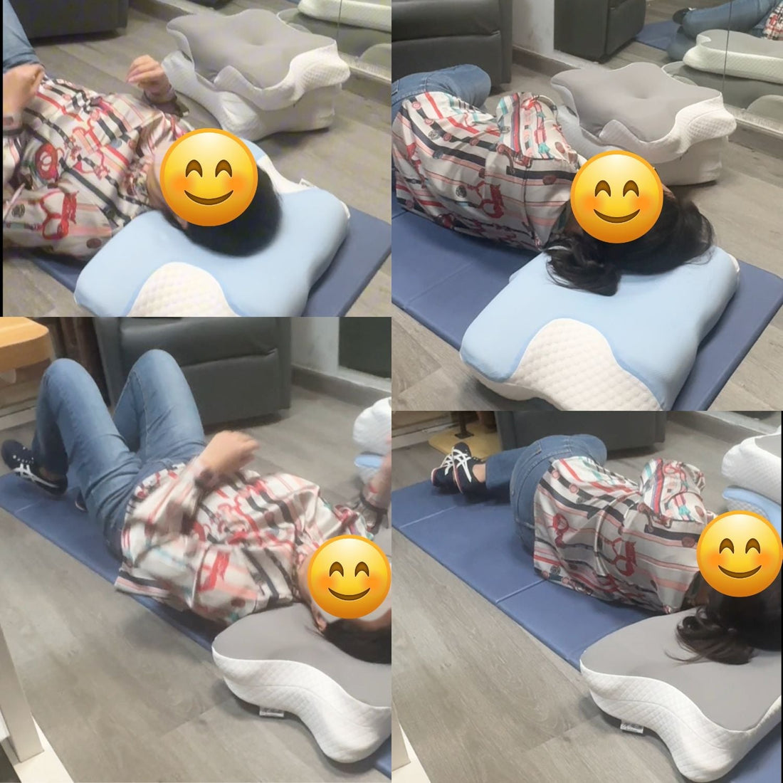 Side sleeper and back sleeper testing cervical spine neck alignment on a custom contoured pillow in Singapore.