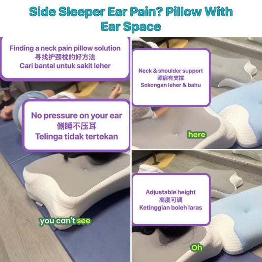 Side sleeper testing a contour pillow with a built-in ear space and adjustable height at the JC Health showroom, Waterloo Street Singapore