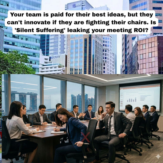 Singapore CBD corporate meeting showing staff experiencing back pain and tailbone pressure due to unsupportive office chairs.