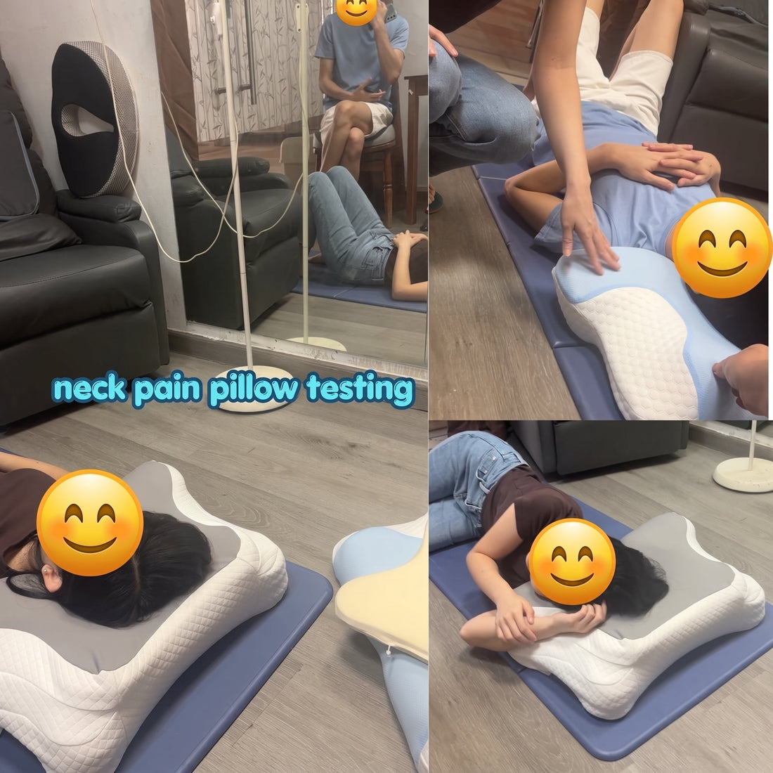 Singapore couple testing cervical memory foam contour pillows on a mat at JCHealth showroom for neck and shoulder pain relief.