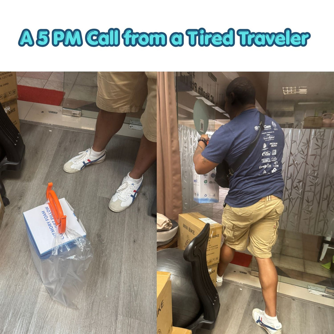 American business traveler in Singapore buying high-density memory foam cervical pillow for hotel neck pain relief