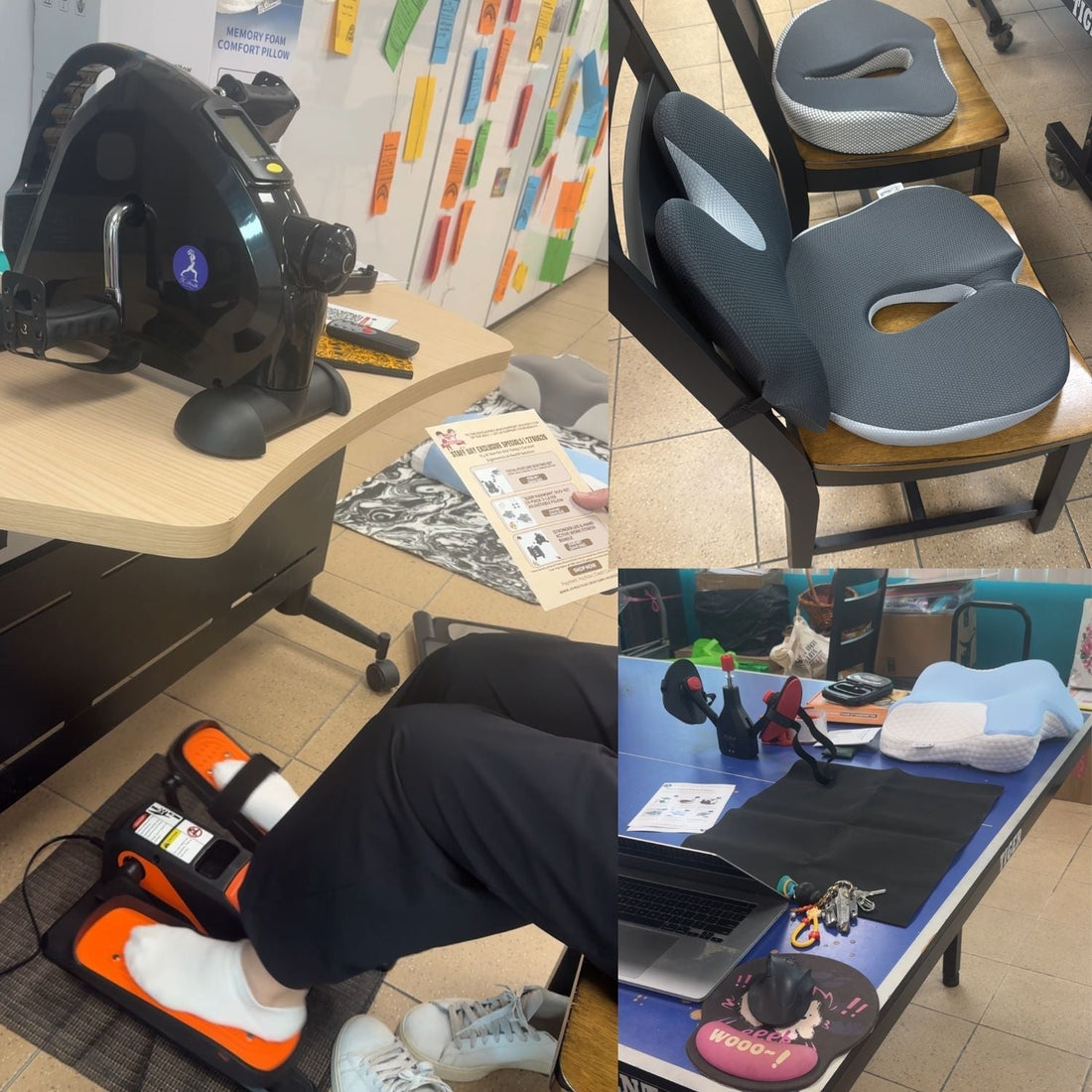 JC Health pop-up ergonomic recovery booth with mini bikes and seat cushions at a Singapore primary school Teacher Staff Day.